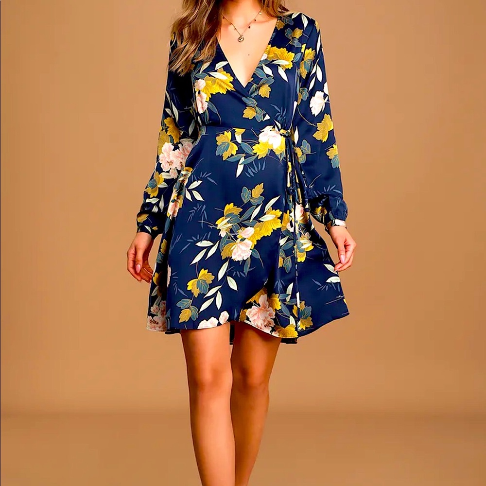 Lulu’s “Love is Life” Navy Blue Floral Wrap Dress